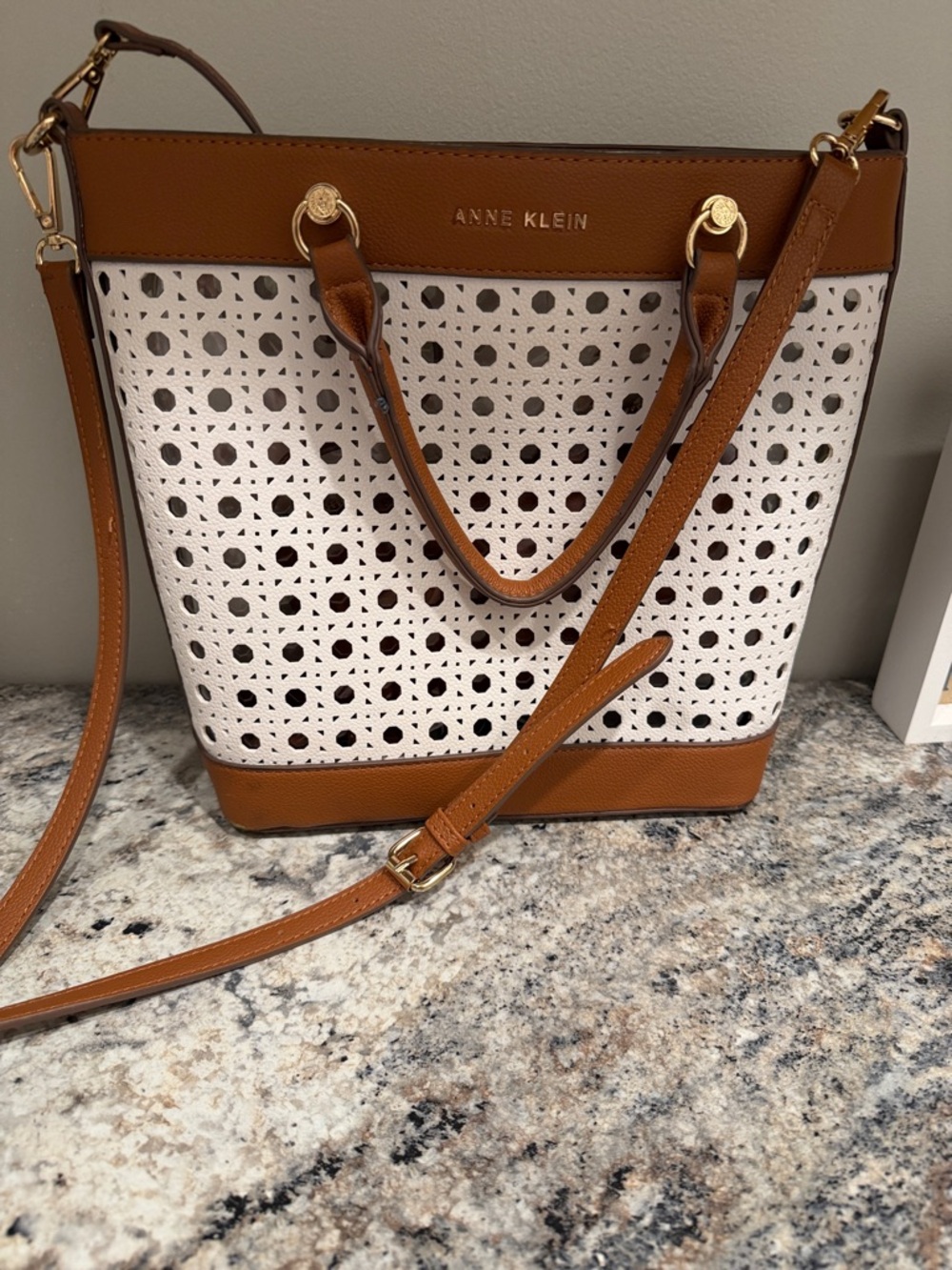 Anne Klein White and Brown Perforated Tote with Adjustable Strap